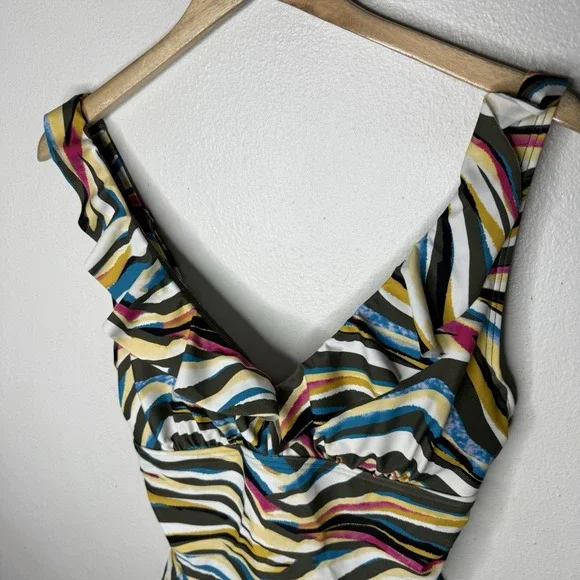 DKNY Zebra Multicolor Stripe Ruffle One Piece Swimsuit Women's 12 Swimming Suit - Picture 3 of 13